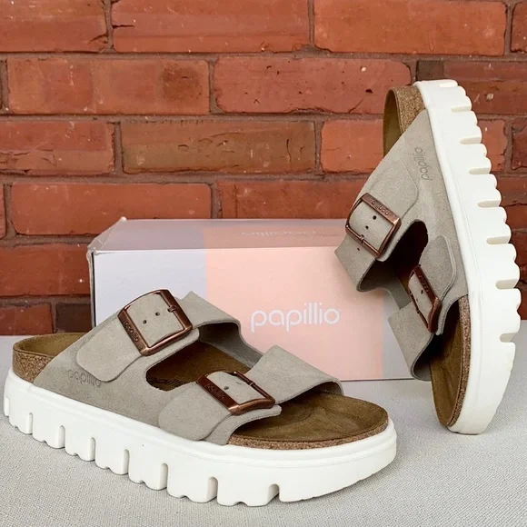 BIRKENSTOCK PAPILLIO Arizona Taupe Tan Suede Leather Chunky Platform Sandals - Picture 10 of 12